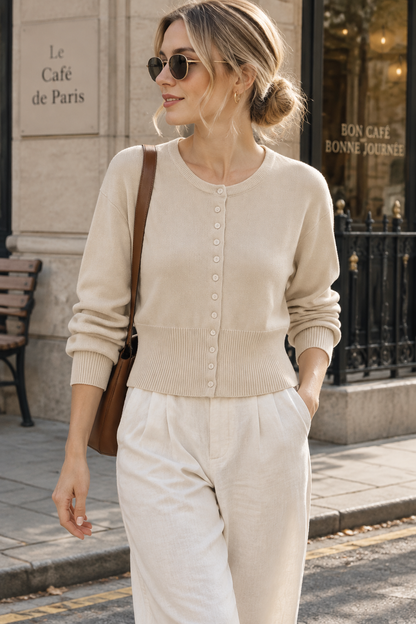Women's Crew Neck Button Front Long Sleeve Knit Cardigan