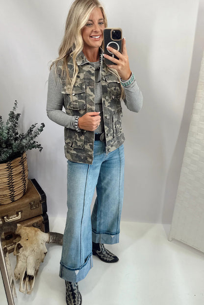 Camo Cargo Button Down Denim Vest with Utility Pockets