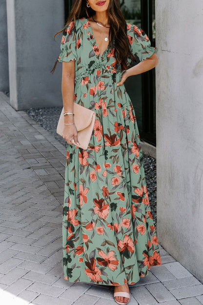 Sky Blue Floral V Neck Ruffle Short Sleeve Maxi Dress