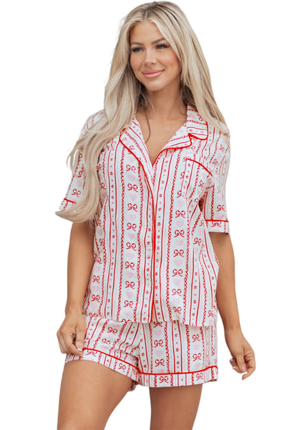 Valentines Heart Bow Print Ribbon Trim 2 Piece Pajama Set