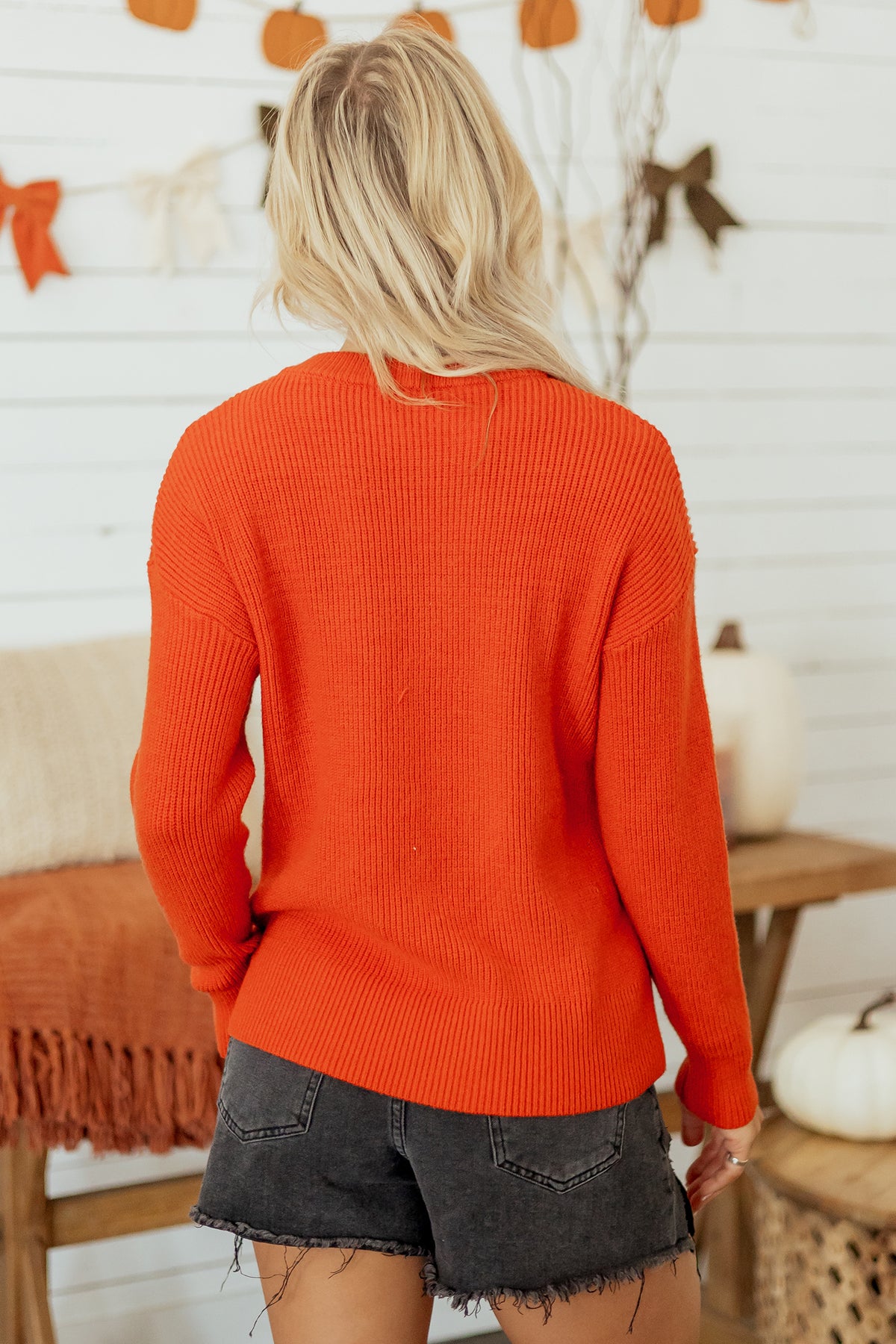 Orange Jack-O-Lantern Halloween Drop Shoulder Knit Sweater