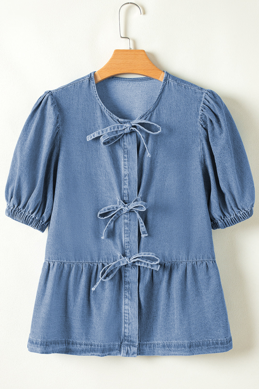 Blue Denim Tie Front Puff Sleeve Peplum Blouse