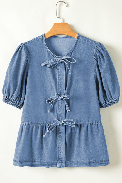 Blue Denim Tie Front Puff Sleeve Peplum Blouse