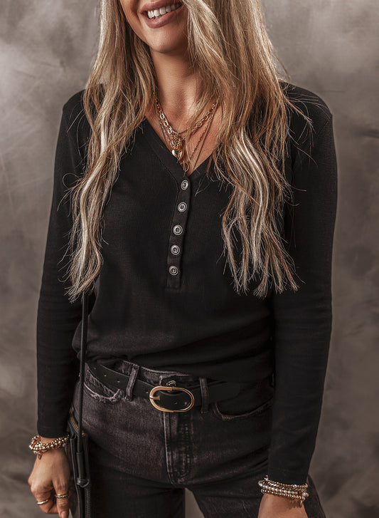Black Ribbed Waffle Knit Henley Long Sleeve Top