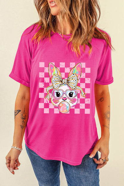 Rose Red Plaid Bunny Bubble Gum Easter Graphic Tee