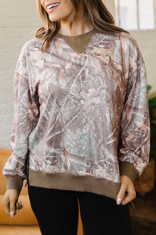 Camo Print Oversized Sweatshirt Colorblock Trim Pullover