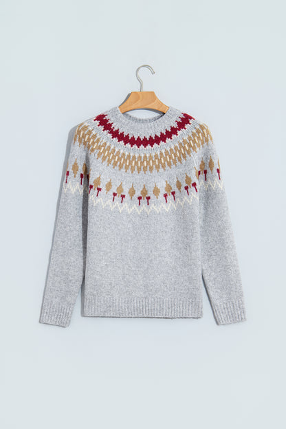 Gray Geometric Detail Round Neck Winter Sweater