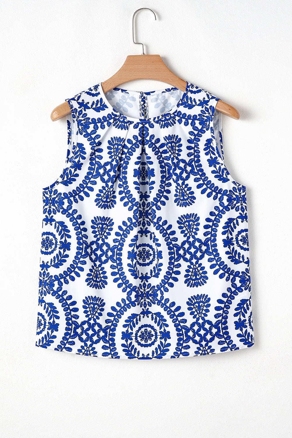 Blue White Vintage Print Pintuck Sleeveless Tank Top