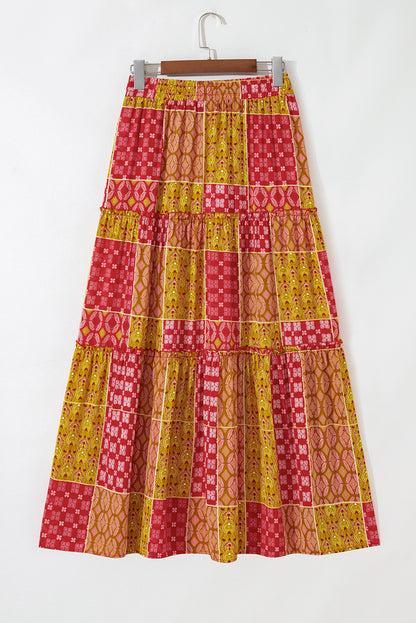 Paisley Print Tiered Maxi Skirt with Pockets