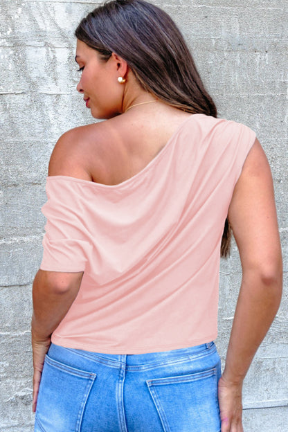 Pink Plus Size Asymmetric Neck Short Sleeve Blouse