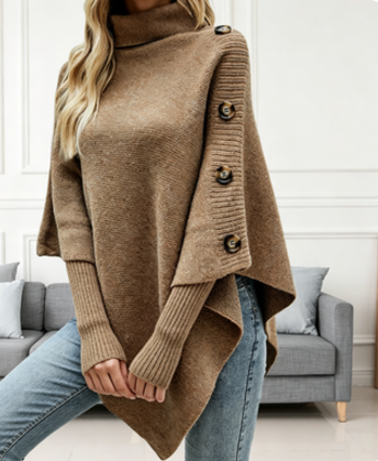 Women Turtleneck Poncho Sweater Button Cape Knit Top