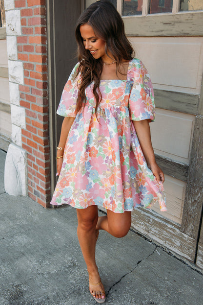 Pink Floral Square Neck Puff Sleeve Babydoll Dress
