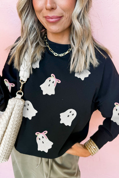 Black Sequin Ghost Bow Halloween Crew Neck Pullover Sweatshirt