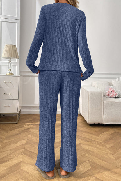 Cozy Ribbed V Neck Lounge Set with Wide Leg Pants