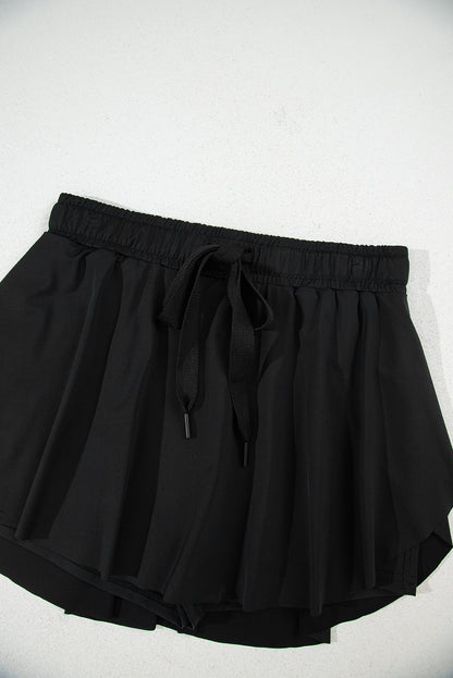 Black High Waist Drawstring Tennis Skort with Lining