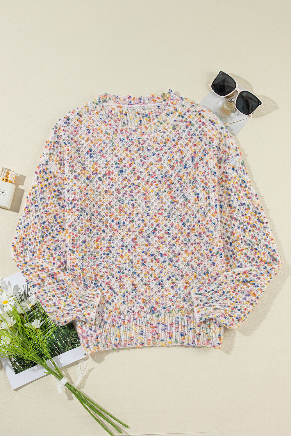 White Confetti Knit Popcorn Sweater Top