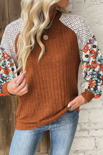 Parchment Floral Patchwork Long Sleeve Ribbed Blouse