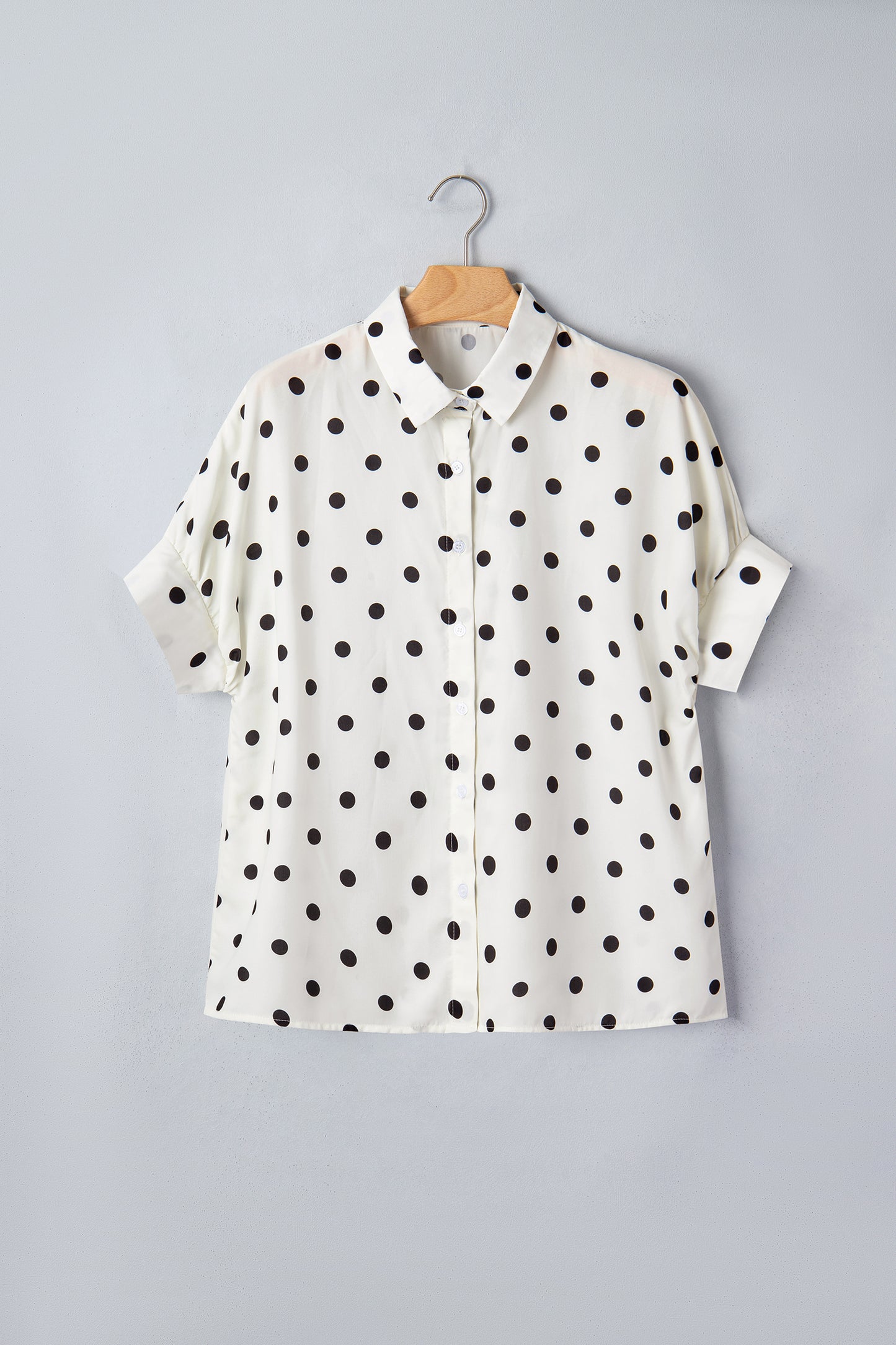 Beige Polka Dot Button Up Dolman Sleeve Loose Blouse