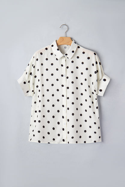 Beige Polka Dot Button Up Dolman Sleeve Loose Blouse