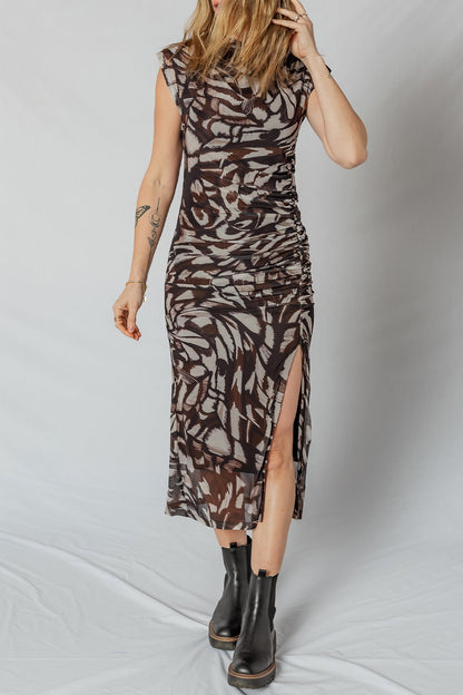 Brown Abstract Mesh Cowl Neck Ruched Midi Dress