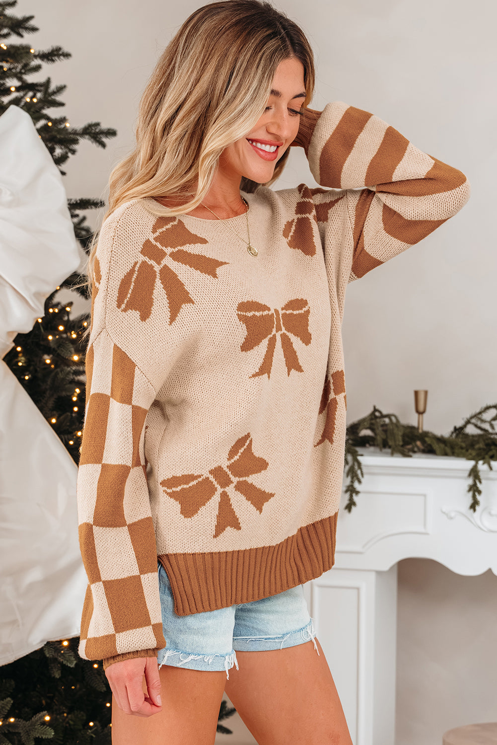 Bow Print Checkered Stripe Sleeve Drop Shoulder Sweater