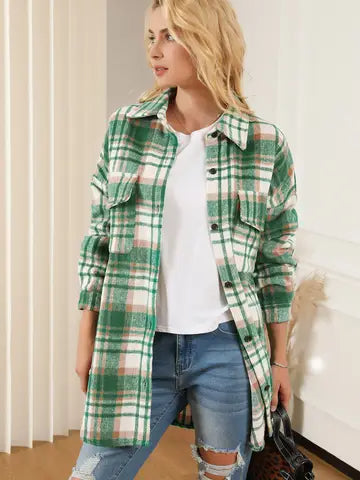 Plaid Long Sleeve Shacket with Flap Pockets