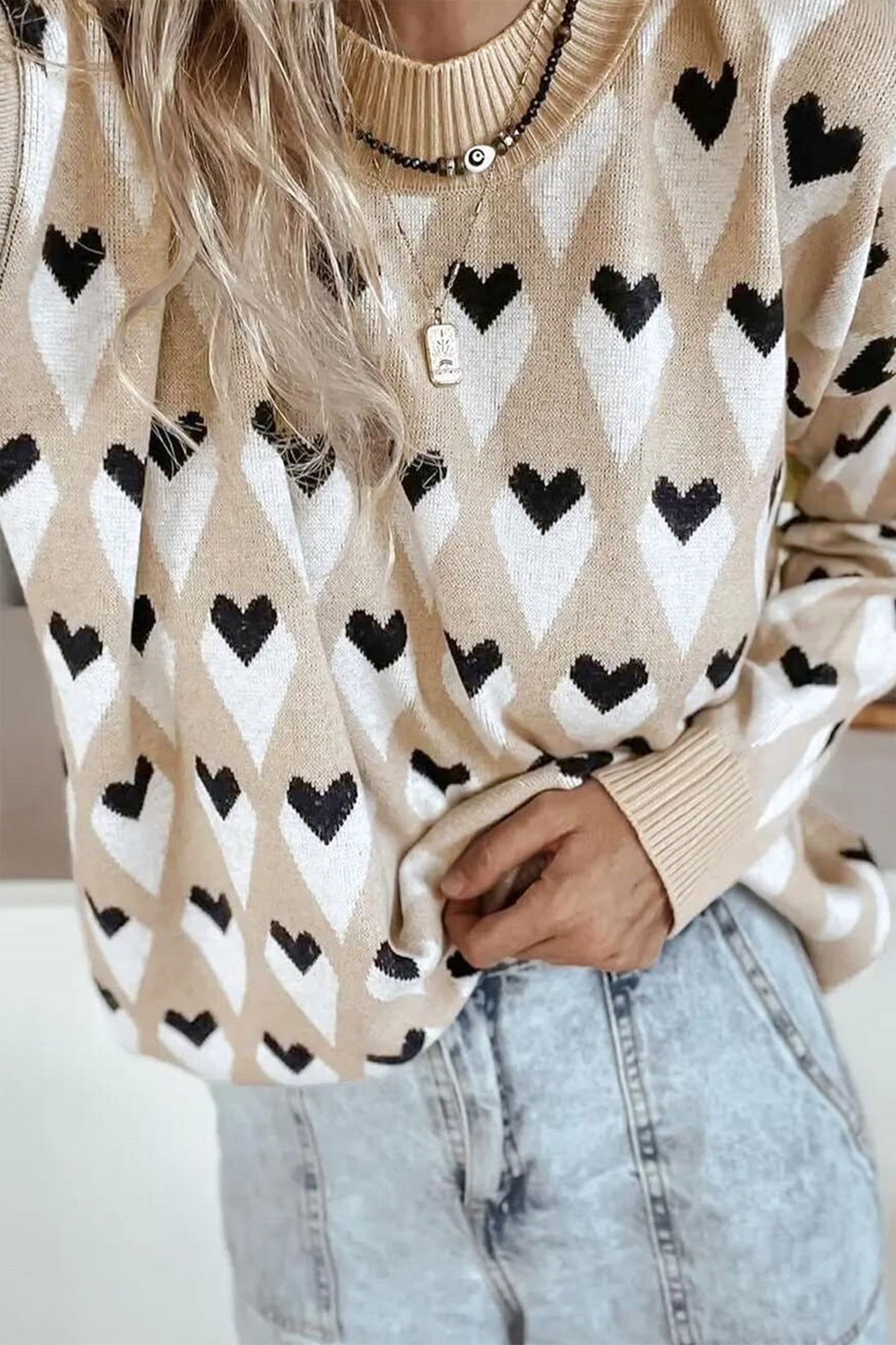Valentine Heart Print Cozy Knit Loose Fit Sweater