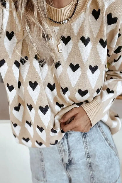 Valentine Heart Print Cozy Knit Loose Fit Sweater