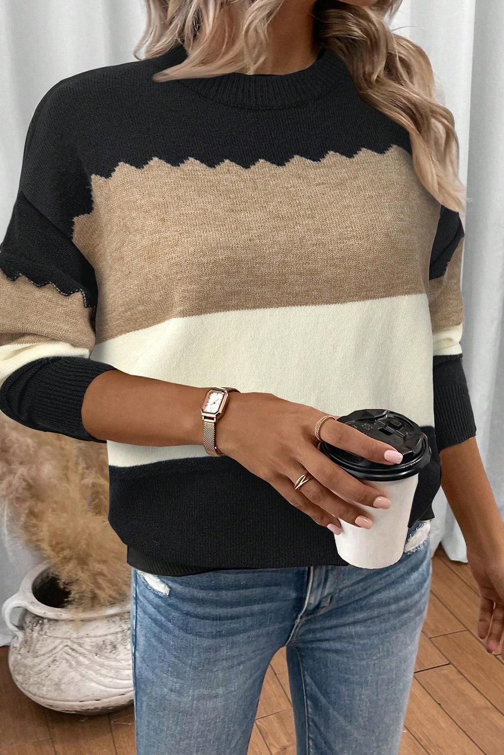 Black Beige Brown Colorblock Drop Shoulder Knit Sweater