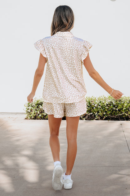 Leopard Ruffle Zip Polo Two Piece Short Set Women