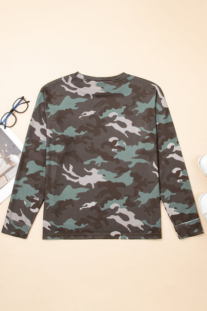 Green Camo Textured Drop Shoulder Long Sleeve Top