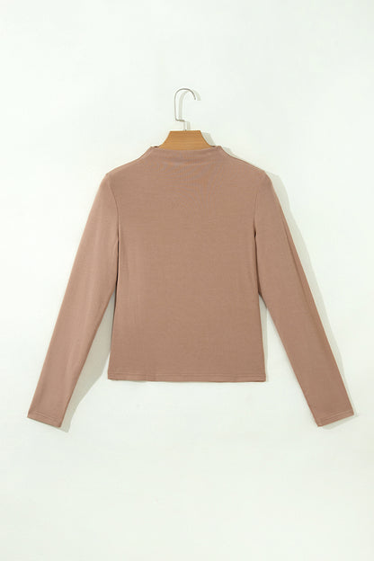 Straw Yellow Solid Color Ribbed High Neck Long Sleeve Sheath Top