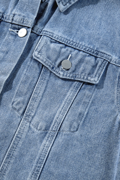 Beau Blue Ruffle Raw Hem Flap Pocket Denim Jacket