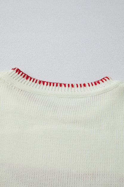 White Christmas Bow Contrast Trim Loose Knit Sweater