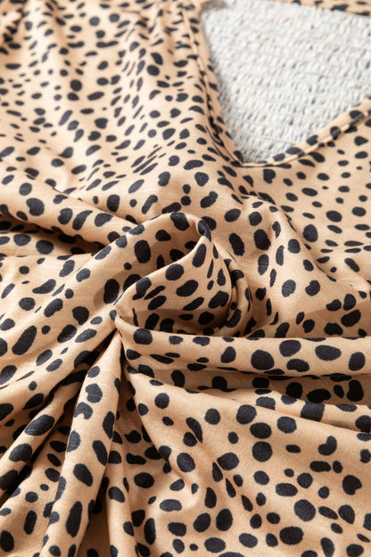 Apricot Cheetah Print Ruffle V Neck Short Sleeve Blouse