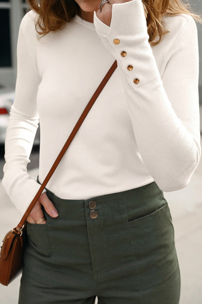 White Slim Fit Knit Sweater with Button Split Cuffs
