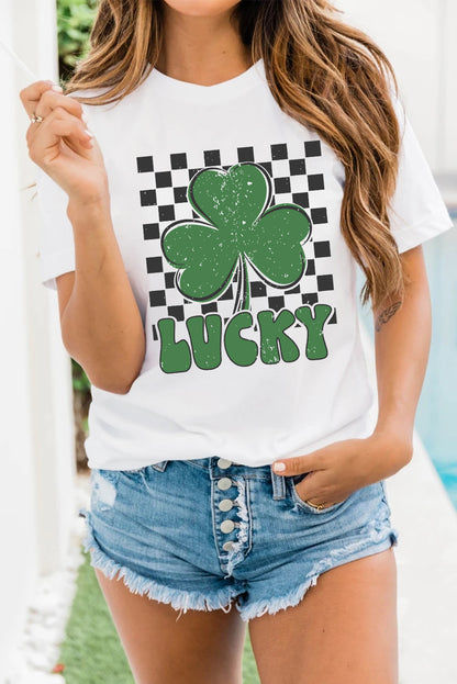 St. Patrick’s White Lucky Clover Checker Graphic Tee
