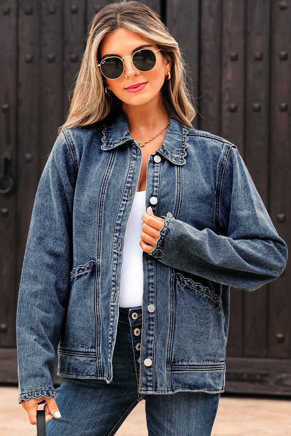 Scallop Trim Denim Jacket with Patched Pockets