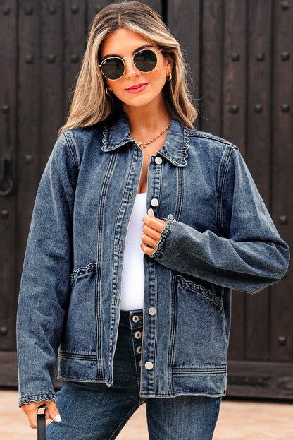 Scallop Trim Denim Jacket with Patched Pockets