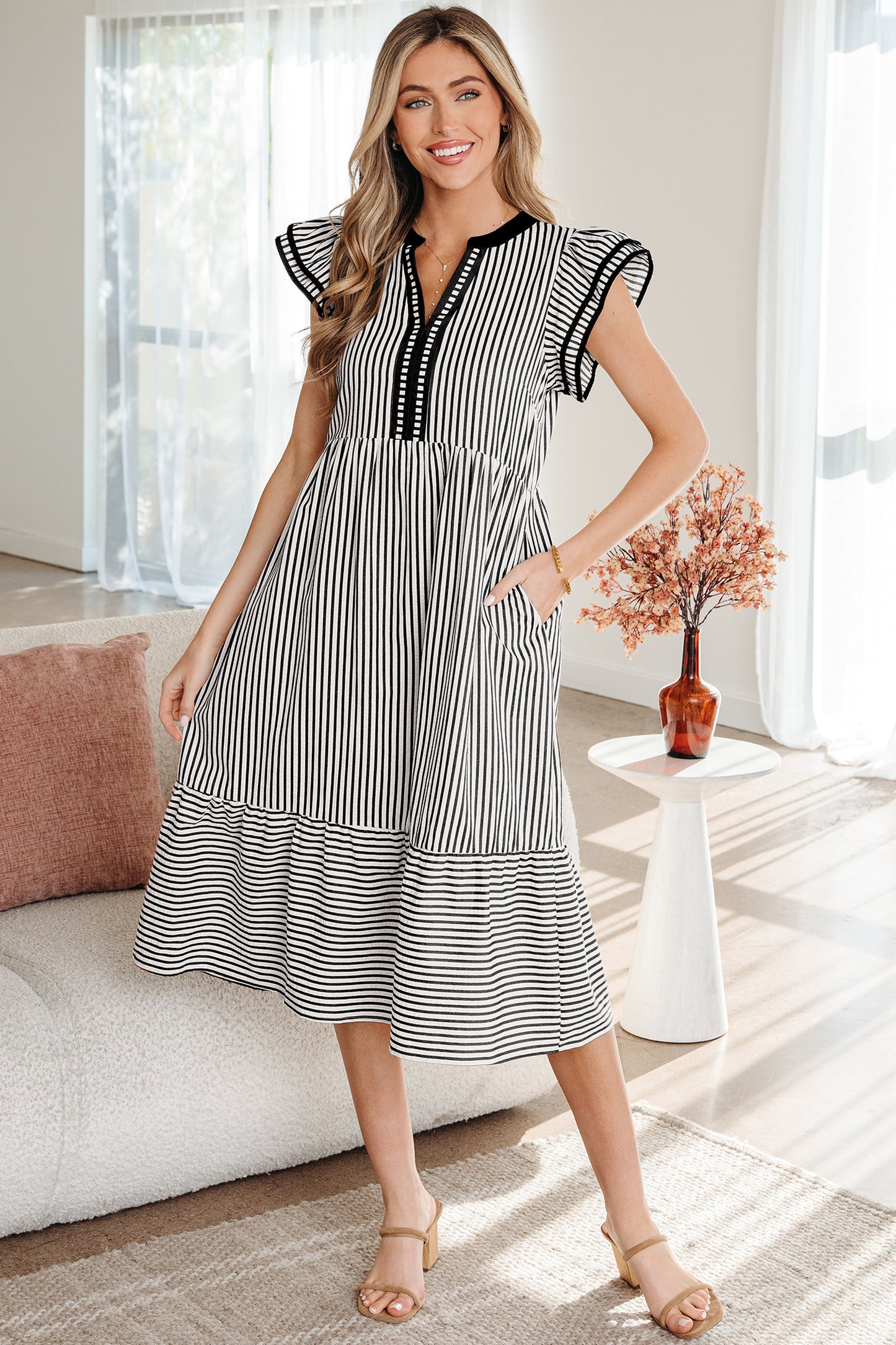 Black Stripe Ruffle Sleeve Contrast Trim V Neck Midi Dress