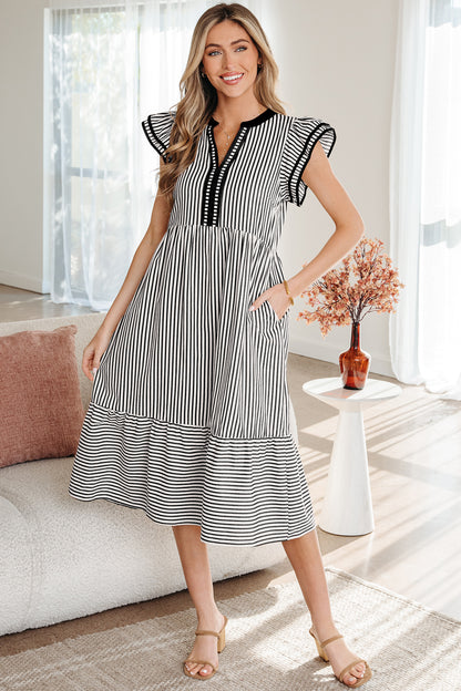 Black Stripe Ruffle Sleeve Contrast Trim V Neck Midi Dress