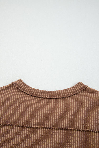 Dark Khaki Twist Ribbed Exposed Seam Detail Long Sleeve Loose Top