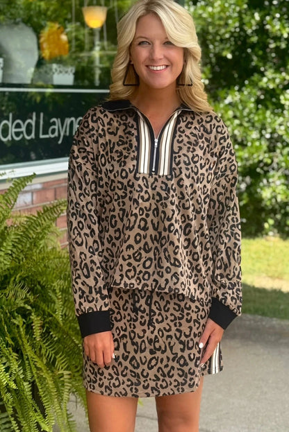 Jet Stream Leopard Print Quarter Zip Long Sleeve Top Drawstring Mini Skirt Varsity 2pcs Set