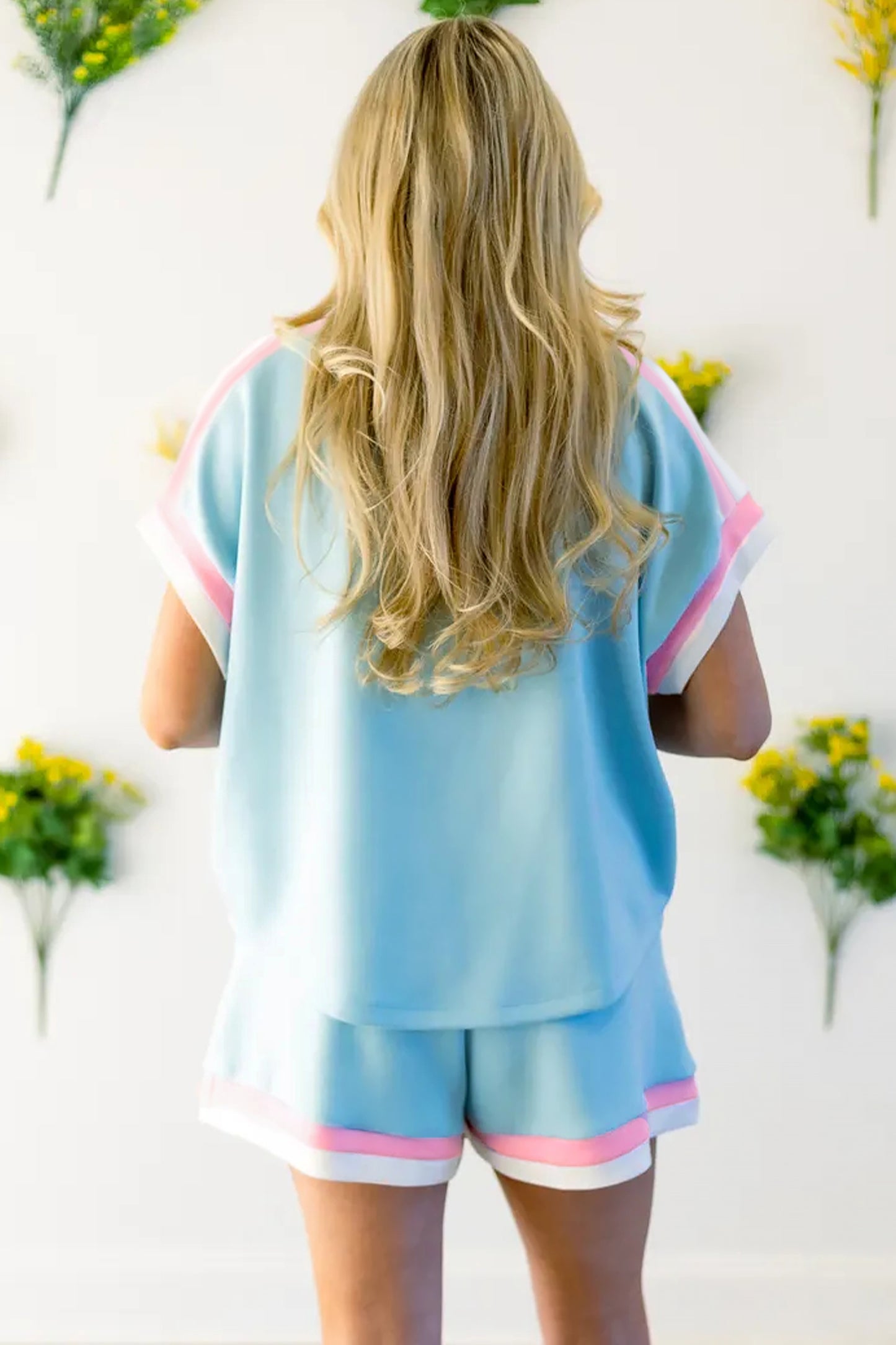 Mist Blue Contrast Trim Lounge Set Tee and Shorts