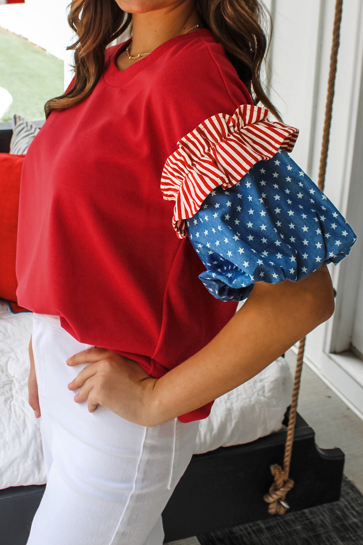 Patriotic Stars and Stripes Puff Sleeve Fourth of July Top