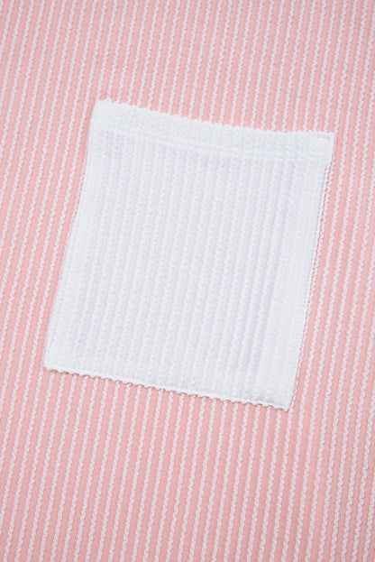 Pink Striped Textured Knit Pocket Casual Tee