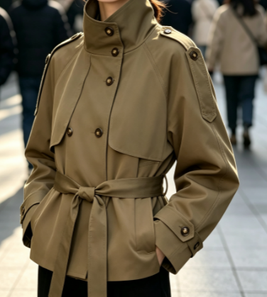 Women Double Breasted Belted Cropped Trench Coat