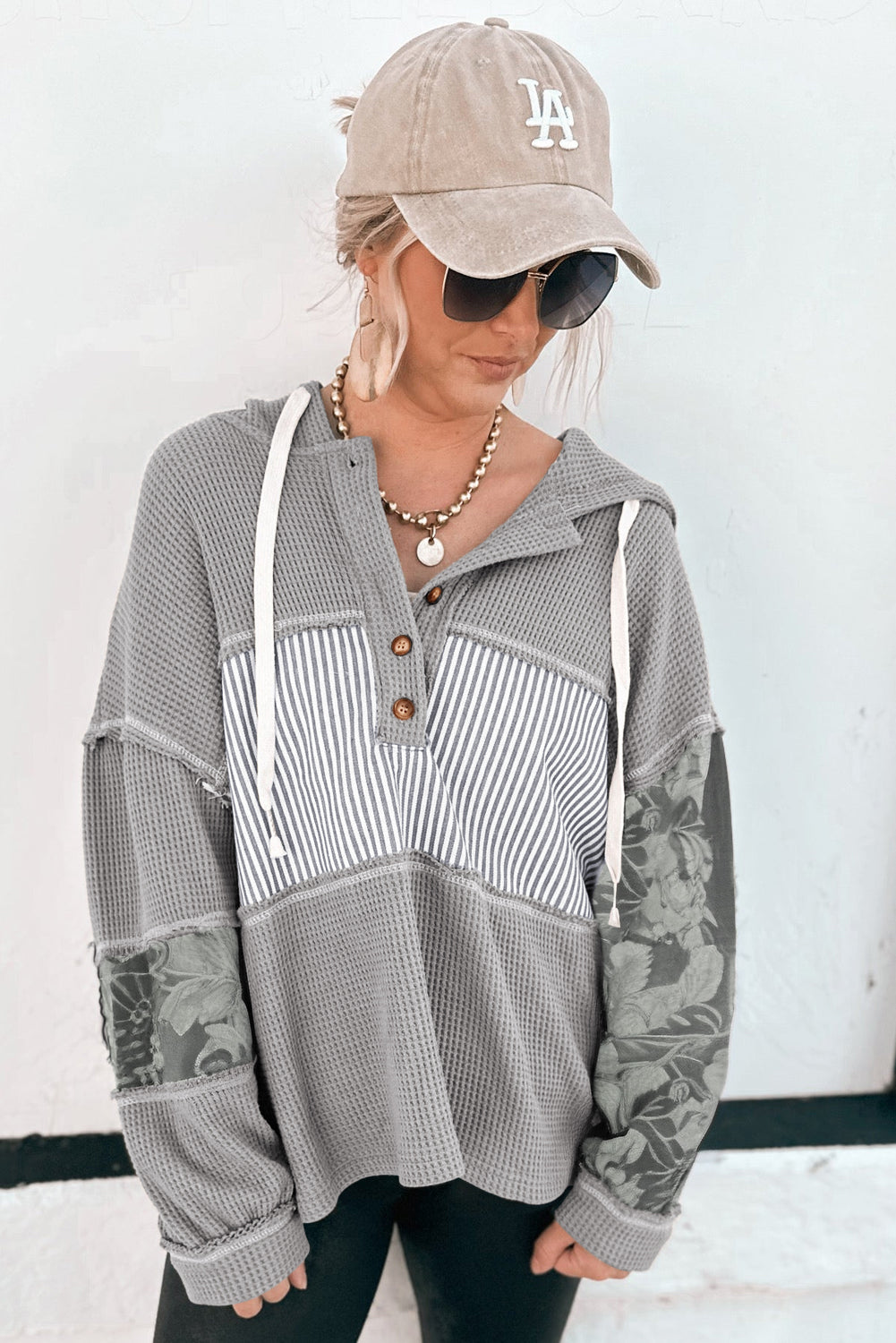 Cinnamon Waffle Printed Patchwork Drawstring Hooded Long Sleeve Top