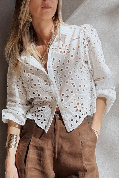 White Eyelet Embroidered Puff Sleeve Button Crop Shirt