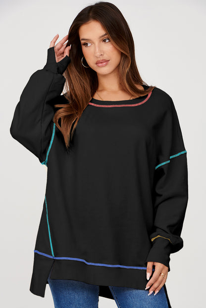 Contrast Stitching Split Baggy Sweatshirt